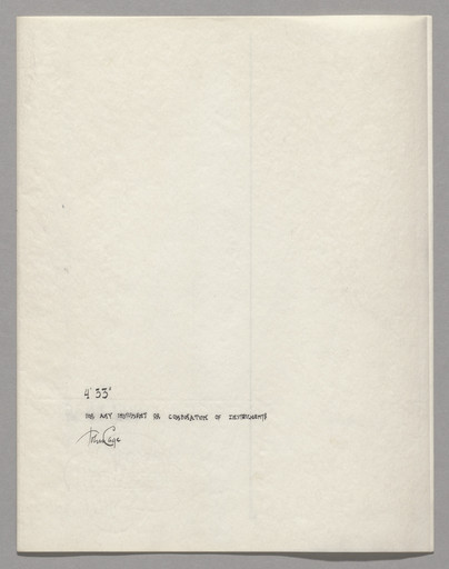 A beige sheet of paper with text at the bottom reads "4'33" for any instrument or combination of instruments." A signature is below the text. This is an AI generated description. To give feedback, email ai@moma.org.