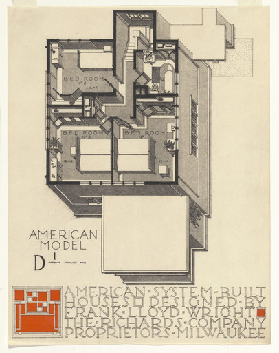 Frank Lloyd Wright. American System-Built Houses for The Richards Company project, Milwaukee, Wisconsin (Axonometric). 1915-17