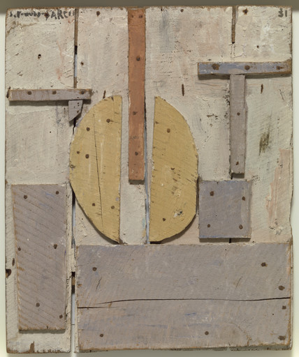 The image features a wooden panel with various geometric, nailed wooden pieces in muted tones of beige, brown, and gray. A prominent yellow oval shape is located in the center. This is an AI generated description. To give feedback, email ai@moma.org.