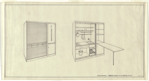 Lilly Reich. Single-Person Apartment in The Dwelling of Our Time, German Building Exhibition, Berlin, Germany (Two perspectives, cooking cupboard with side cabinet). 1931