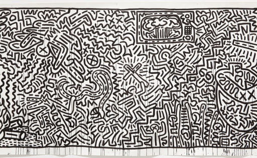 The horizontal is filled with dense, black, wavy lines and shapes painted on a white paper background. There is a mix of human-like figures, a crucifix, a television, and various other symbols scattered throughout. This is an AI generated description. To give feedback, email ai@moma.org.