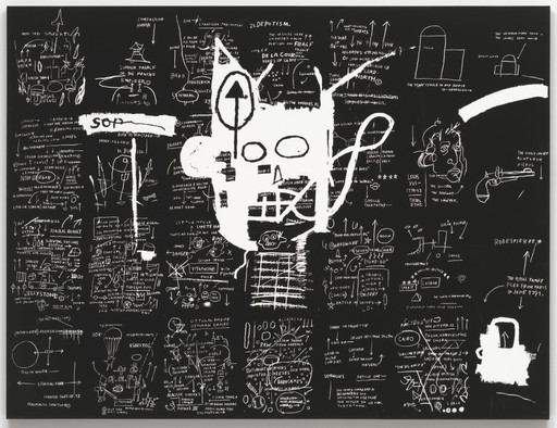 A multitude of white, handwritten words, diagrams, and sketches are scattered across a black background, with a central white figure resembling a skull. The dominant colors are black and white. This is an AI generated description. To give feedback, email ai@moma.org.