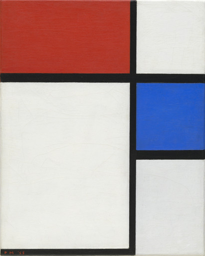 Abstract oil painting with black lines dividing red, blue, and white rectangles. The composition is balanced and minimalistic. This is an AI generated description. To give feedback, email ai@moma.org.