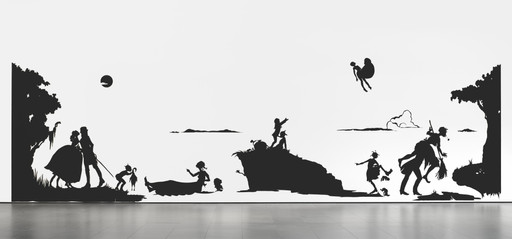 Black silhouette figures in various poses against a stark white backdrop, part of a large-scale wall installation. The scene includes trees and water, using strong contrasts. This is an AI generated description. To give feedback, email ai@moma.org.