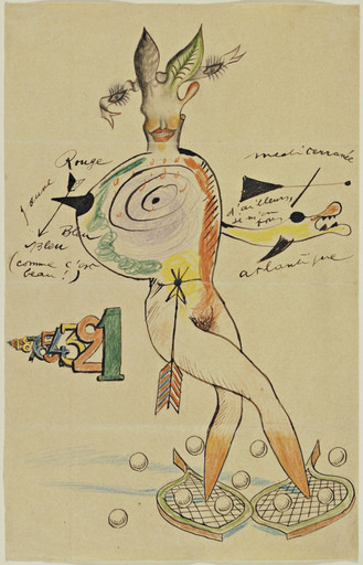 This drawing shows a whimsical, anthropomorphic figure with rabbit-like ears, a woman's nude body, leg-like appendages that come to a point, and snowshoes instead of feet. The figure is surrounded by numbers, balls, cursive writing. The black and white drawing has green, yellow, orange, and blue accents against and set against an off white background. This is an AI generated description. To give feedback, email ai@moma.org.