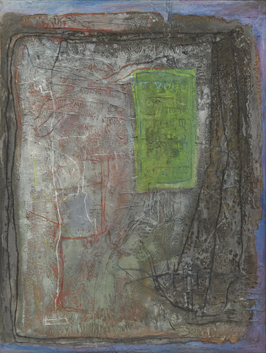 Abstract painting with textured gray and brown areas, featuring a prominent green rectangle. Accents of red and white lines contrast against a predominantly muted background. This is an AI generated description. To give feedback, email ai@moma.org.