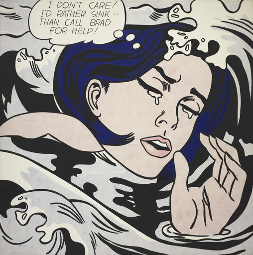 A person with blue hair and a pained expression is partially submerged in swirling water. The digital artwork uses bold black, white, and blue tones, with a speech bubble above. This is an AI generated description. To give feedback, email ai@moma.org.
