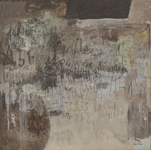 An abstract oil painting with text and numbers, featuring browns, beiges, and subtle hints of green and yellow. Scribbles and layered textures create a chaotic surface. This is an AI generated description. To give feedback, email ai@moma.org.