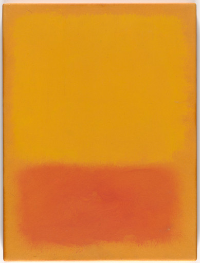 A vertical rectangular orange canvas has a predominant yellow section on the top with a burnt orange section below it. The two colors blend slightly where they meet in the middle. This is an AI generated description. To give feedback, email ai@moma.org.