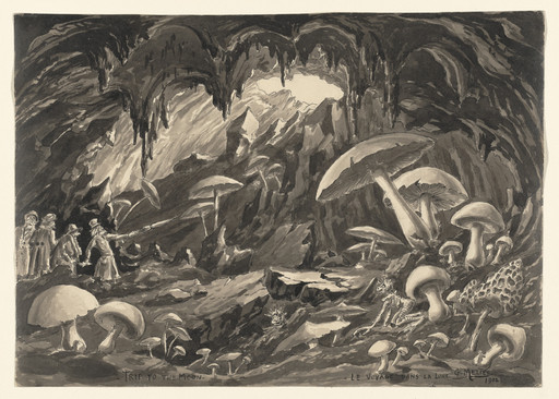 Georges Méliès. Drawing of Scene 15: In The Interior of The Moon. The Giant Mushroom Grotto of the 1902 film A Trip to the Moon (Le Voyage dans la lune). c. 1930–31