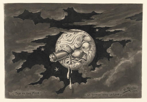 Georges Méliès. Drawing of Scene 9: Landing Right in the Moon's Eye!!! of the 1902 film A Trip to the Moon (Le Voyage dans la lune). c. 1930–31