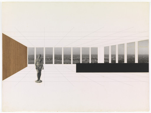 Ludwig Mies van der Rohe. Georg Schaefer Museum project, Schweinfurt, Germany (Interior perspective with view of site). 1960-1963