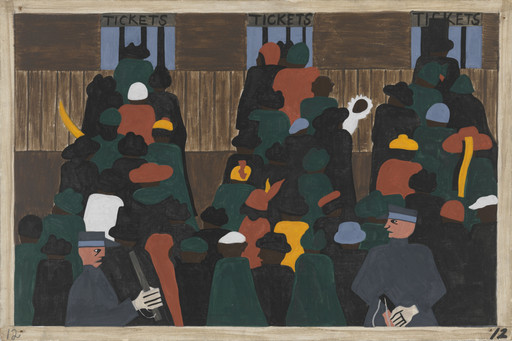 A painting depicts a crowded ticket line at a station with predominantly dark green, brown, and black hues. Figures in hats and coats create a dynamic scene. This is an AI generated description. To give feedback, email ai@moma.org.