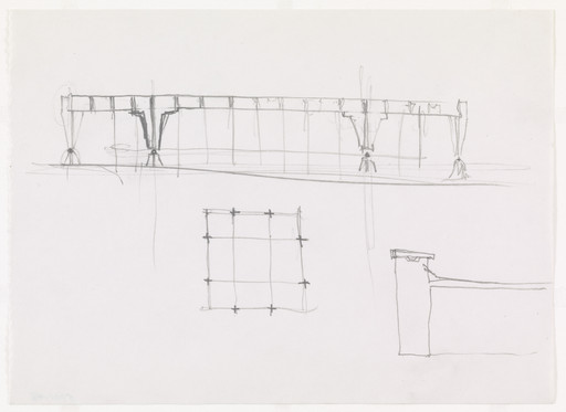 Ludwig Mies van der Rohe. Ron Bacardi y Compania, S.A., Administration Building, project, Santiago, Cuba, Longitudinal elevations, plan, exterior elevations. 1957