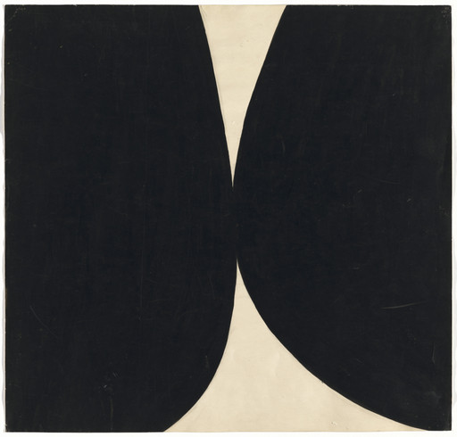 The image shows two large, curved black half circles facing each other touching in the middle. The background is off white. This is an AI generated description. To give feedback, email ai@moma.org.