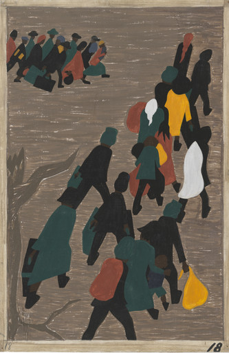 The image shows several simplified human figures in dark clothing moving across a light brown background, some carrying bags. The predominant colors are dark green, red, orange, yellow, and white. This is an AI generated description. To give feedback, email ai@moma.org.