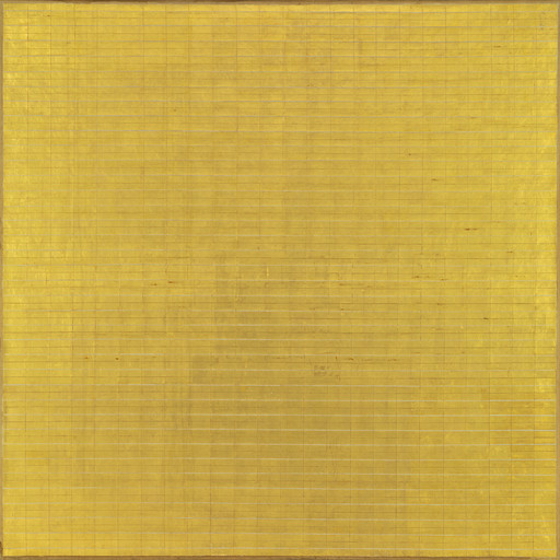 Abstract artwork featuring a grid of horizontal and vertical lines, predominantly in gold hues. The piece has a textured metallic surface. This is an AI generated description. To give feedback, email ai@moma.org.