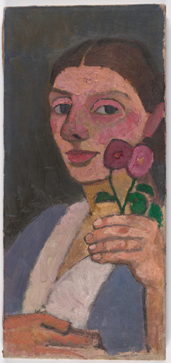 An oil painting features a person with dark hair holding pink flowers against a muted background. The predominant colors are earthy tones with hints of pink and blue. This is an AI generated description. To give feedback, email ai@moma.org.