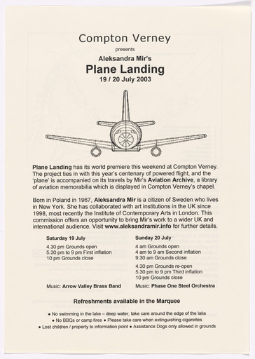 Aleksandra Mir. Promotional material for Plane Landing, Compton Verney, Warwickshire, UK, July 19–20, 2003. 2003