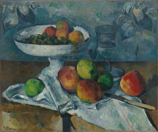Oil painting of a still life with vibrant apples and grapes on a white dish and tablecloth. Predominant colors are greens, reds, and blues with a visible water glass. This is an AI generated description. To give feedback, email ai@moma.org.