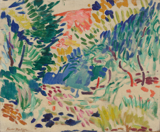 Colorful oil painting of a vibrant landscape with abstract tree forms. Predominant colors include green, blue, pink, and orange on a light background. This is an AI generated description. To give feedback, email ai@moma.org.