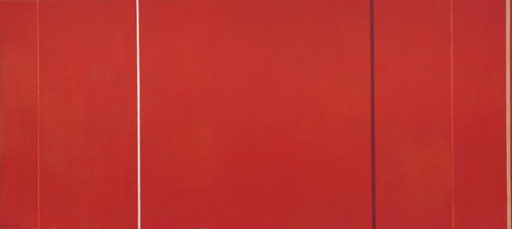 A giant horizontal red painting punctuated by five unevenly spaced vertical stripes of paint—from left to right, lighter red at left, white near the center, dark blue at right, lighter red, and gold at far right. The red background has subtle color variations. This is an AI generated description. To give feedback, email ai@moma.org.