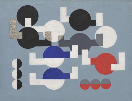 Abstract oil painting with geometric shapes in black, white, red, blue, and gray on a light blue background. Circles and rectangles are arranged in a balanced composition. This is an AI generated description. To give feedback, email ai@moma.org.