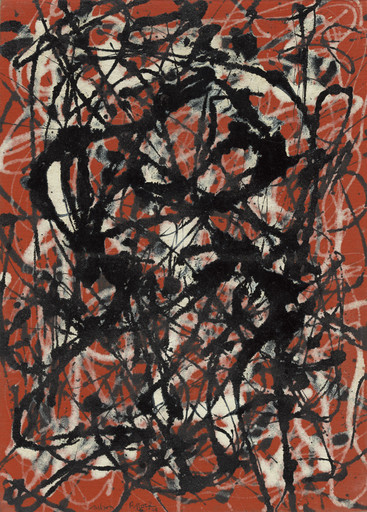 Abstract oil painting with dynamic black and white splatters on a reddish-brown background. The chaotic lines create an intense, energetic composition. This is an AI generated description. To give feedback, email ai@moma.org.