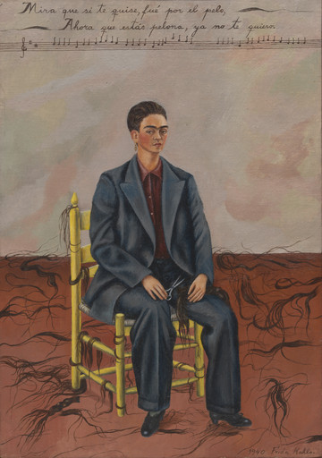 A person in a suit sits on a yellow chair, surrounded by cut hair on a red-brown floor. The oil painting features earthy tones with a light, muted background. This is an AI generated description. To give feedback, email ai@moma.org.