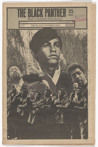 Emory Douglas with Yolanda Lopez. The Black Panther Newspaper, vol. 3, no. 20 (Huey Newton, Eldridge Cleaver, Bobby Seale). 1969