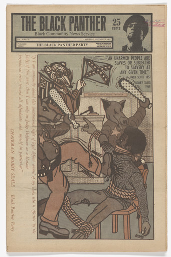 Emory Douglas. The Black Panther Newspaper, vol. 3, no. 29 (An unarmed people are slaves or subjected to slavery at any given time). 1969
