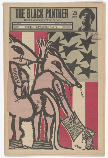 Emory Douglas. The Black Panther Newspaper, vol. 3, no. 23 (Nixon & Mitchell: Panther's wanted dead for conspiracy of exposing America). 1969