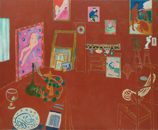 A vibrant painting depicts a room with red walls and various artworks. The scene includes a table with a vase and a plate, surrounded by colorful framed art. This is an AI generated description. To give feedback, email ai@moma.org.