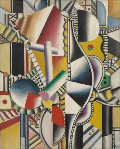 Abstract oil painting featuring geometric shapes and bold lines. Predominant colors include yellow, black, red, and white, creating a dynamic composition. This is an AI generated description. To give feedback, email ai@moma.org.