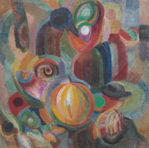 The image features a collection of colorful, swirling shapes and lines with prominent colors including red, orange, green, blue, yellow, and black. In the bottom middle, there is a circular object with alternating yellow and orange stripes. This is an AI generated description. To give feedback, email ai@moma.org.