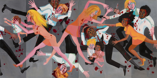 A dynamic oil painting portrays figures in motion with expressions of distress. Predominant colors include vibrant oranges, soft pinks, and deep reds against a gray background. This is an AI generated description. To give feedback, email ai@moma.org.