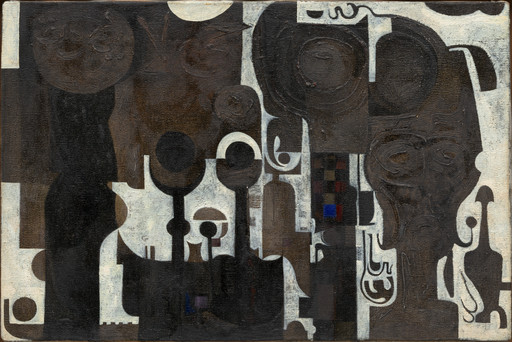 Abstract oil painting with geometric and swirling shapes in shades of brown, black, and white. Features subtle hints of blue and red squares in the center. This is an AI generated description. To give feedback, email ai@moma.org.
