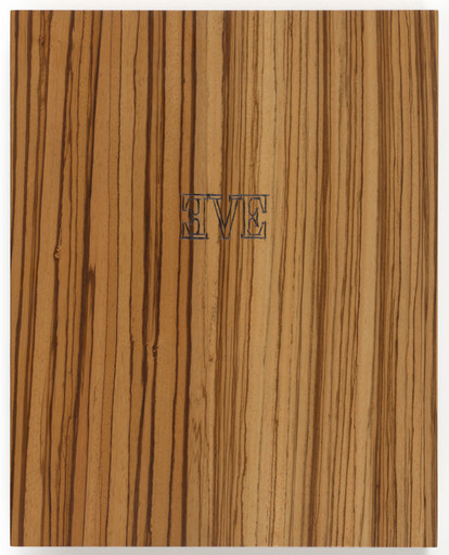 A wooden panel with vertical, natural brown and tan lines. The letters "EVE" are carved in the center in blue. This is an AI generated description. To give feedback, email ai@moma.org.