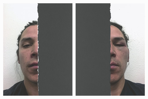 Nicholas Galanin. The violence of blood quantum, half human (animal), half human (animal) after James Luna. 2019