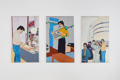 Joey Terrill. Chicanos Invade New York Series. Three panels: Making Tortillas in Soho; Reading the Local Paper; and Searching for Burritos. 1981