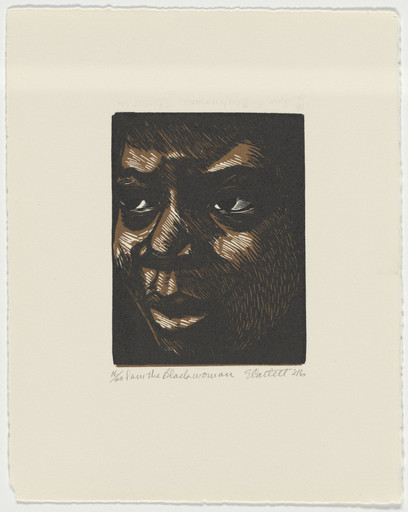 The image depicts a close-up of a face with prominent eyes, nose, and lips, rendered in dark brown and black shades. Highlights in light brown depict the features, creating depth and contrast. This is an AI generated description. To give feedback, email ai@moma.org.