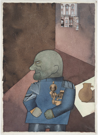 The image shows a green-skinned, bald figure with gears inside his chest, wearing a blue miltary suit against a predominantly brown background. In the top right, there's a cut out photographs of buildings, and at the lower right there is a brown, vase. This is an AI generated description. To give feedback, email ai@moma.org.