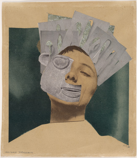 This collage of a woman's head is made up of two black and white photographs--at left of a the face of a sculpture and at right the face of a woman. She wears a collaged crown of silver paper utensils. The background is dark blue green. This is an AI generated description. To give feedback, email ai@moma.org.