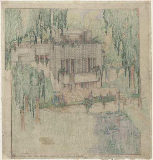 Frank Lloyd Wright. Millard House (La Miniatura), Pasadena, California (Exterior perspective from the garden). 1923–1924