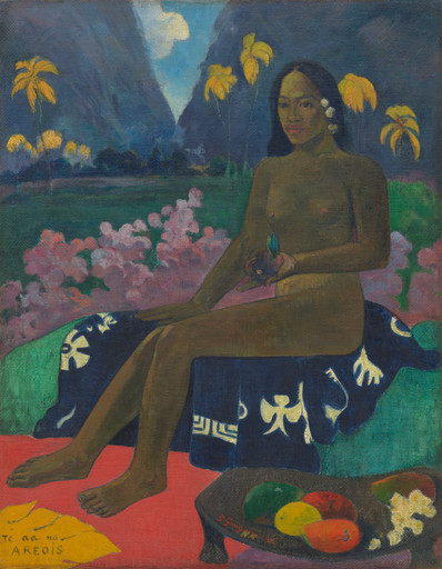 Oil painting of a person sitting on a patterned blue cloth, surrounded by vibrant greens, pinks, and yellows. A bowl with colorful fruit lies on a pink surface. This is an AI generated description. To give feedback, email ai@moma.org.