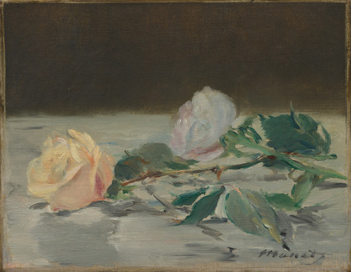 An oil painting of two roses, one yellow and the other pale pink, lying on a flat surface with green leaves. The background is dark, contrasting with the lighter foreground. This is an AI generated description. To give feedback, email ai@moma.org.