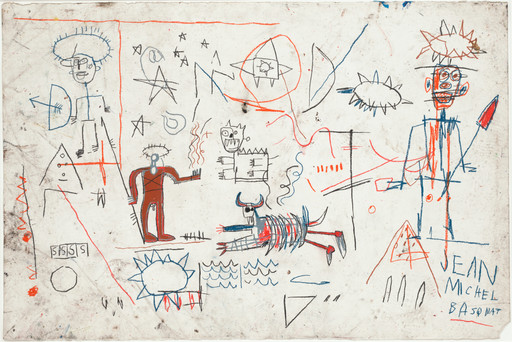 A white background features childlike drawings with primary colors of red, blue, and black. The shapes and figures include faceless figures, stars, arrows, letters, a sun, and a bull-like creature. This is an AI generated description. To give feedback, email ai@moma.org.