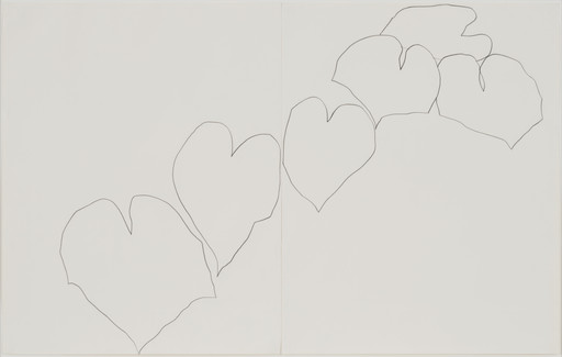 The image shows a white background with eight black, irregular heart-shaped outlines connected in a diagonal line. The hearts are evenly spaced, with no additional colors or details. This is an AI generated description. To give feedback, email ai@moma.org.