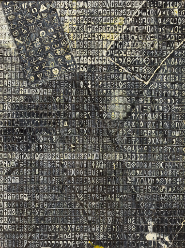 Abstract painting featuring a grid of symbols in white, black, and yellow tones, with a textured surface. The artwork is created using mixed media on canvas. This is an AI generated description. To give feedback, email ai@moma.org.
