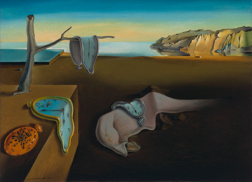 Oil painting showing melting clocks in a dreamlike landscape of blues, browns, and yellows. The scene depicts distorted timepieces in an outdoor setting. This is an AI generated description. To give feedback, email ai@moma.org.